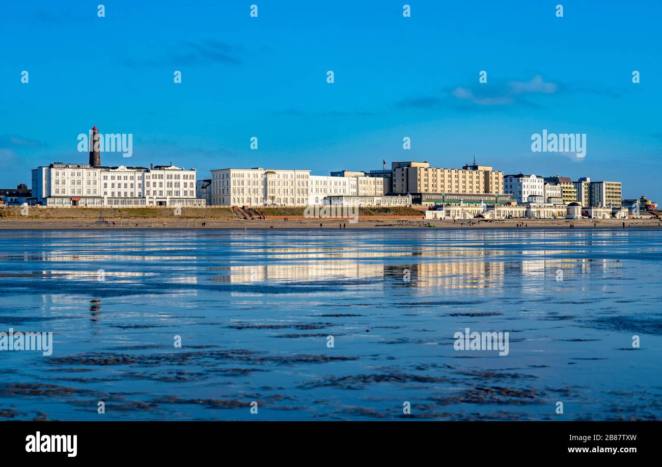 Skyline of Borkum, beach, island, East Frisia, winter, season, autumn, Lower Saxony, Germany, Stock Photo