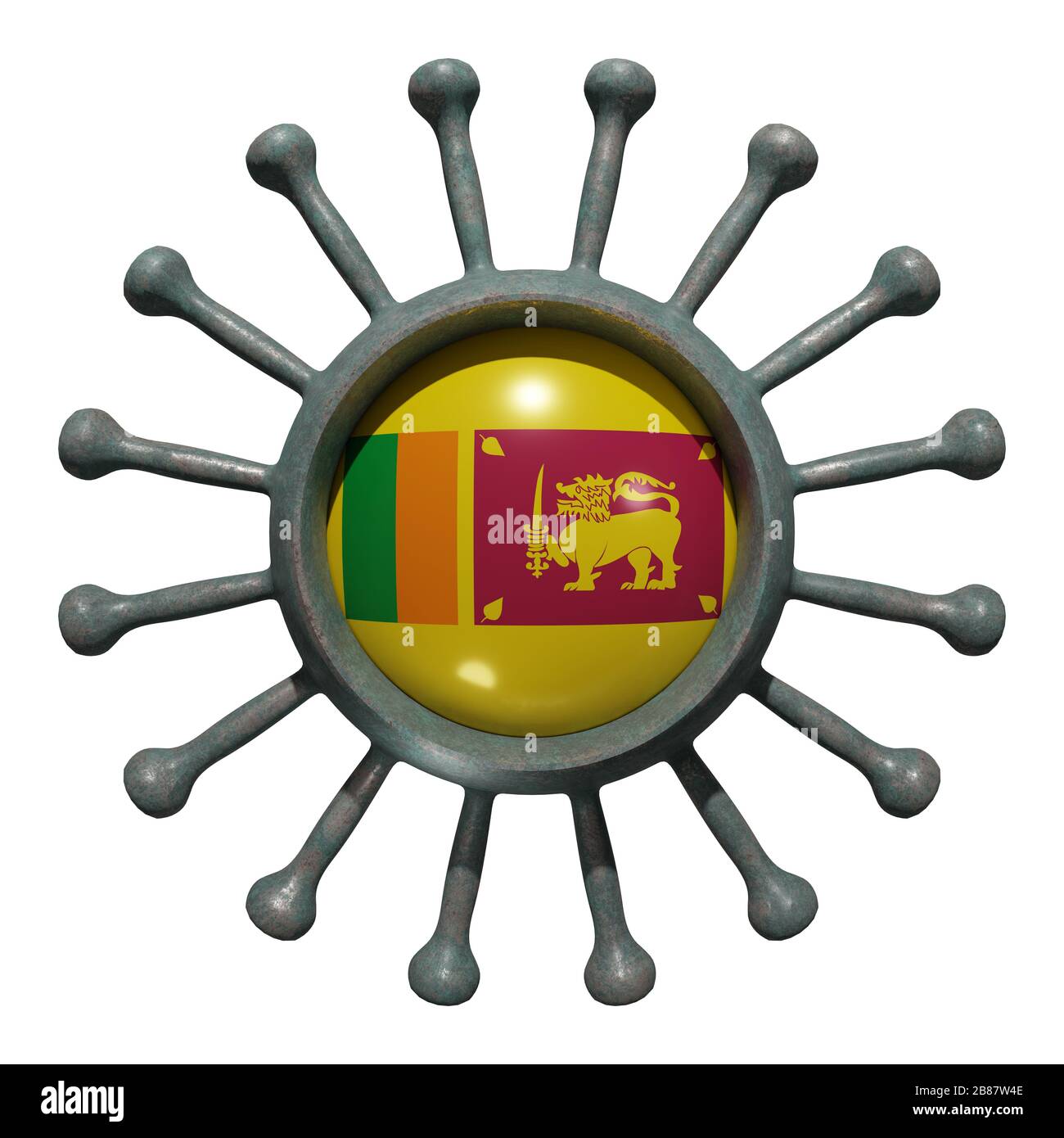 3d rendering of a national Sri Lanka flag over a virus covid19. Concept of the fight of the countries vs pandemic. Isolated on white background Stock Photo