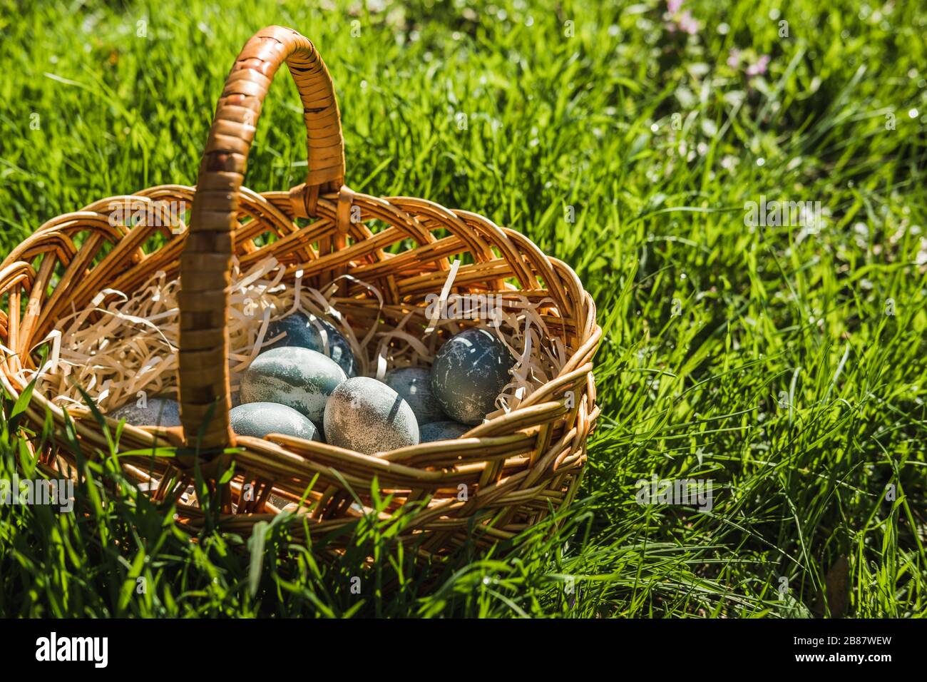 Painted blue textured easter eggs in a wicker brown hand made basket ...