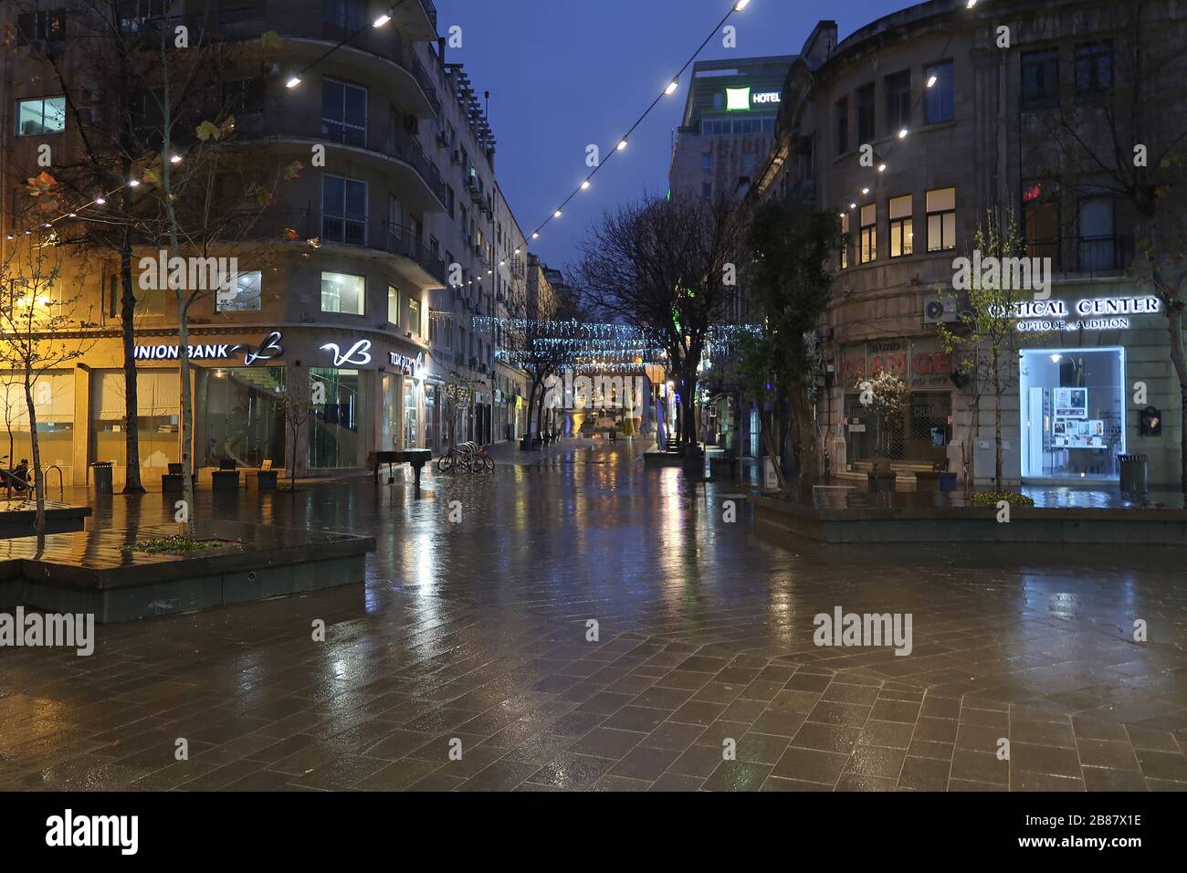 Ben Yehuda a major pedestrian street in Jerusalem is seen empty in the evening during the outbreak of the coronavirus disease (COVID-19) in Israel Stock Photo