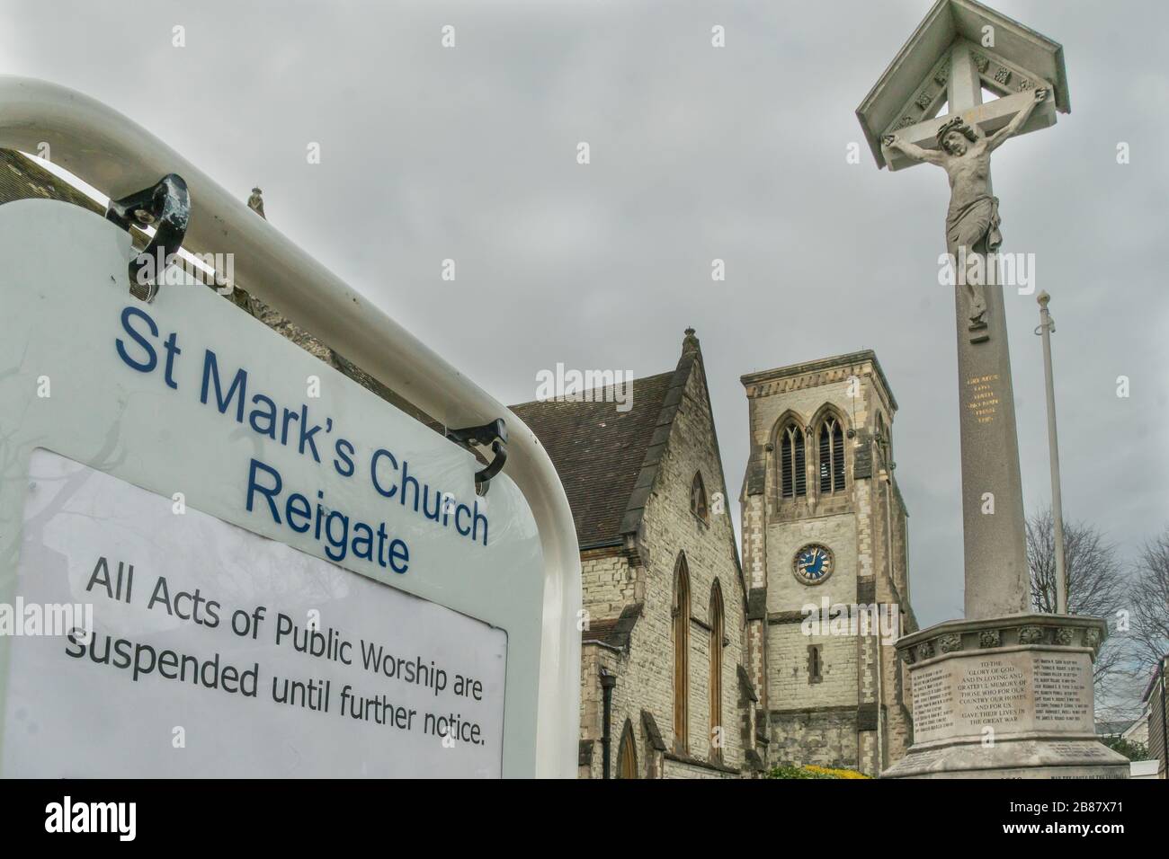 Reigate, Surrey, UK - March 20, 2019 - Saint Mark's parish church where all acts of public worship were cancelled due to COVID-19 outbreak Stock Photo