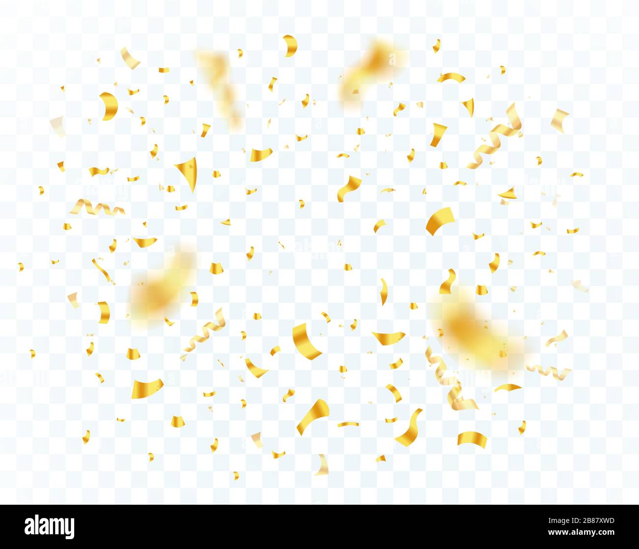 Confetti explosion on transparent background. Shiny glossy gold paper pieces fly and scatter around. Surprise burst for festive, carnival, casino Stock Vector