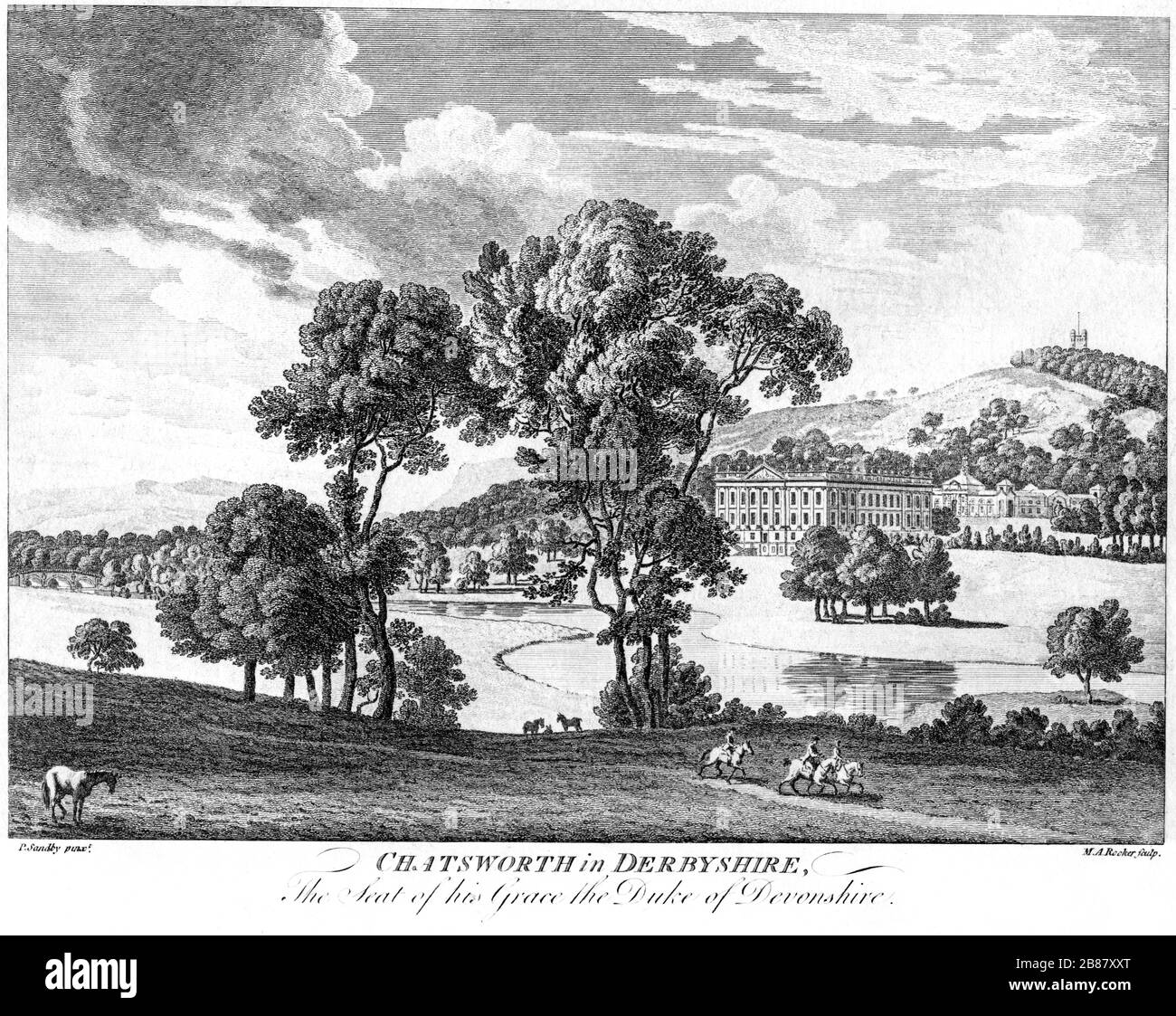 An engraving of Chatsworth in Derbyshire, the Seat of his Grace the Duke of Devonshire scanned at high resolution from a book published around 1786. Stock Photo