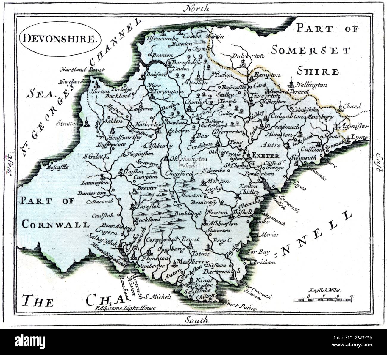 A map of Devonshire scanned at high resolution from a book published around 1786. This image is believed to be free of all copyright restrictions. Stock Photo