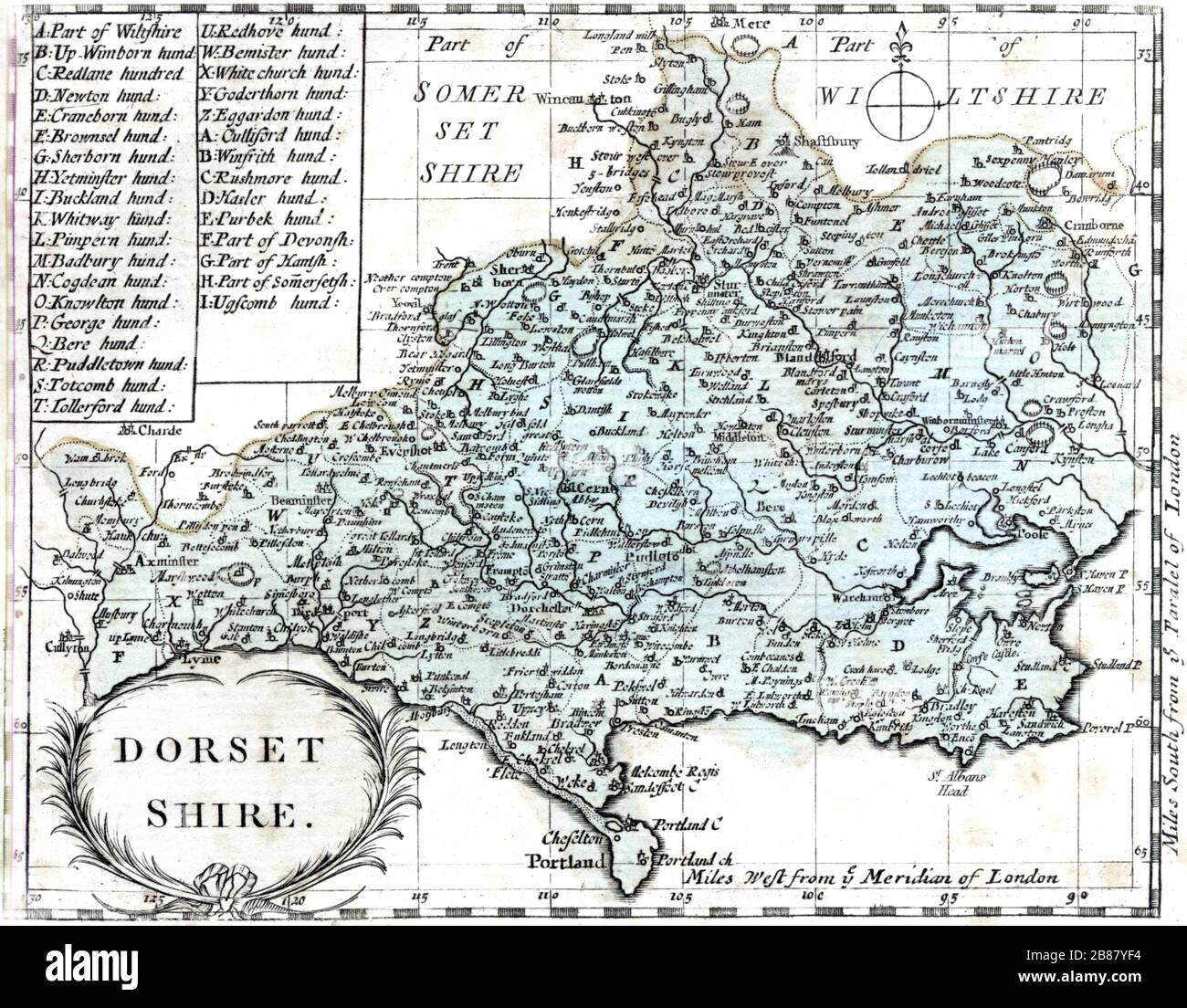 A map of Dorsetshire scanned at high resolution from a book published around 1786. This image is believed to be free of all copyright restrictions. Stock Photo