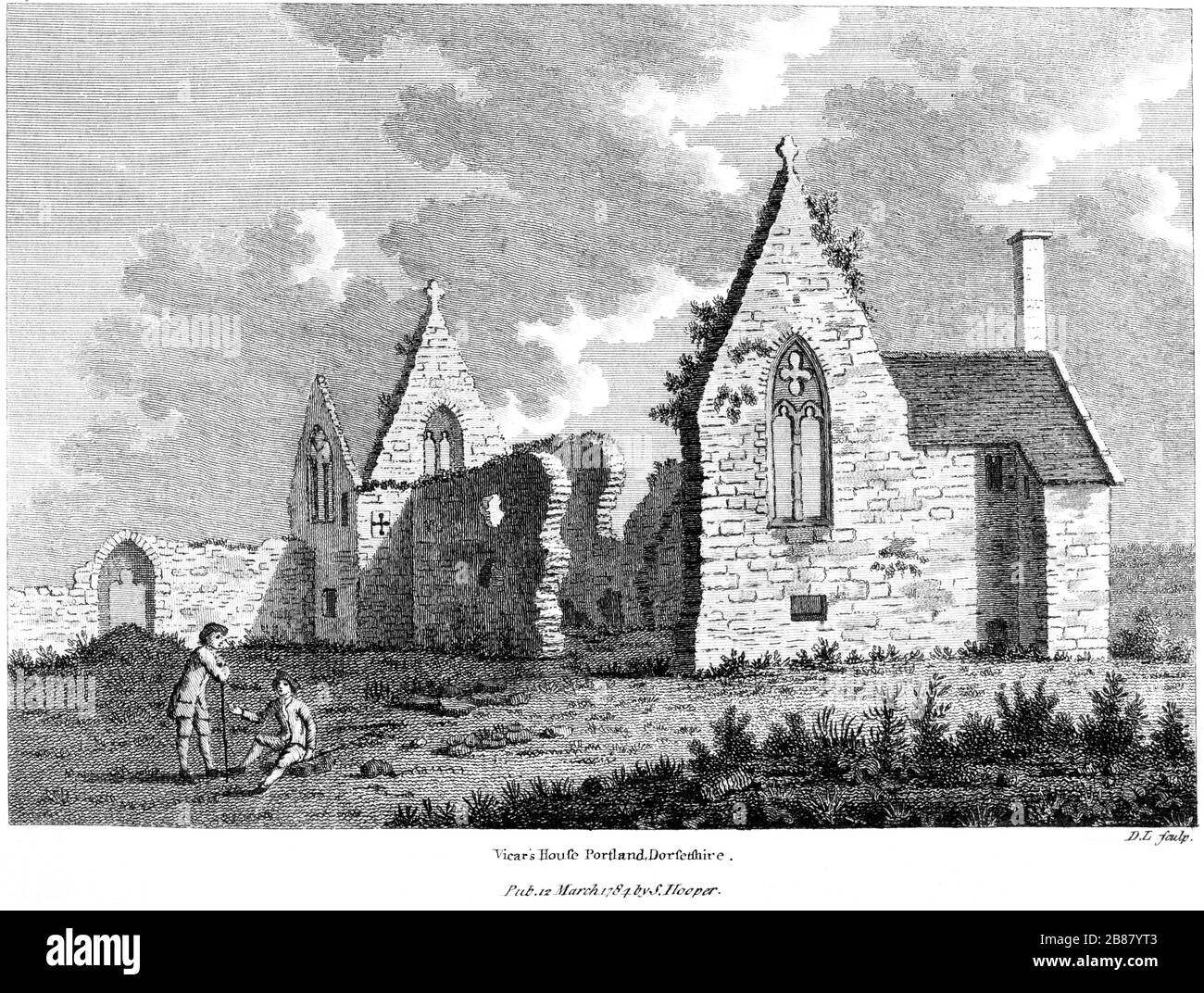 An engraving of Vicars House Portland, Dorsetshire scanned at high resolution from a book published in 1784.  Believed copyright free. Stock Photo