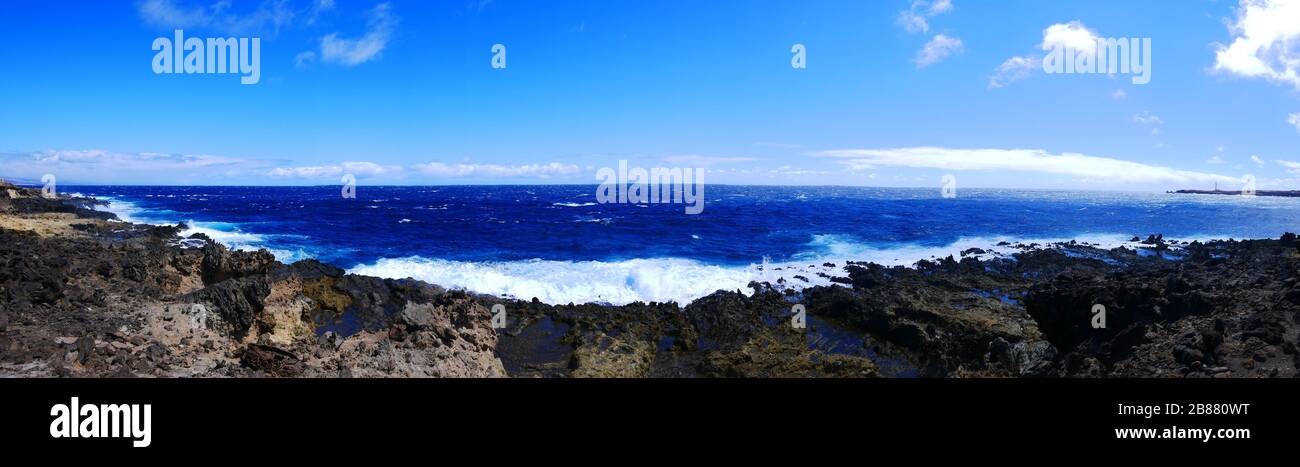 Casablanca, Tenerife, Spain: Panorama on the Atlantic ocean from Casablanca with the Tenerife light house in sight Stock Photo
