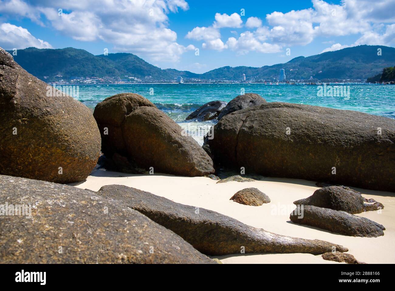 Paradise beach and turquoise sea in Phuket, Thailand. Summer vacation and tropical beach concept. Stock Photo