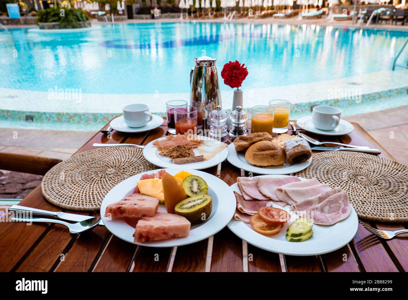 breakfast by the pool, vacation luxury swimming pool with coffee bread