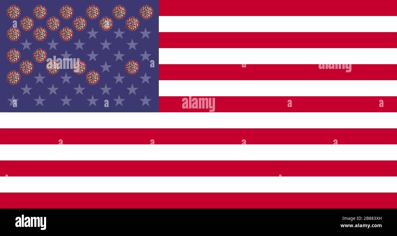 Photomontage, USA Flag with corona viruses, COVID-19, symbol photo Spread of the corona epidemic, USA Stock Photo