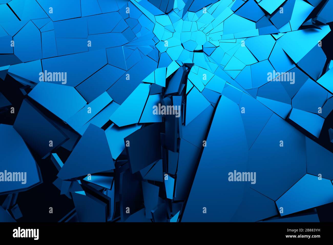Abstract 3d rendering of cracked surface. Background with broken shape. Wall destruction. Bursting with debris. Modern cgi illustration. Stock Photo