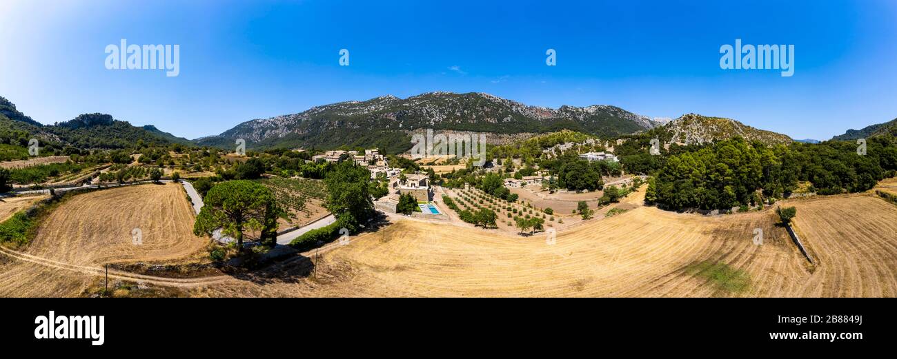 Aerial view of the Oriental Village, Urbanisation d'Alaro, Serra de Tramuntana, Majorca, Balearic Islands, Spain Stock Photo