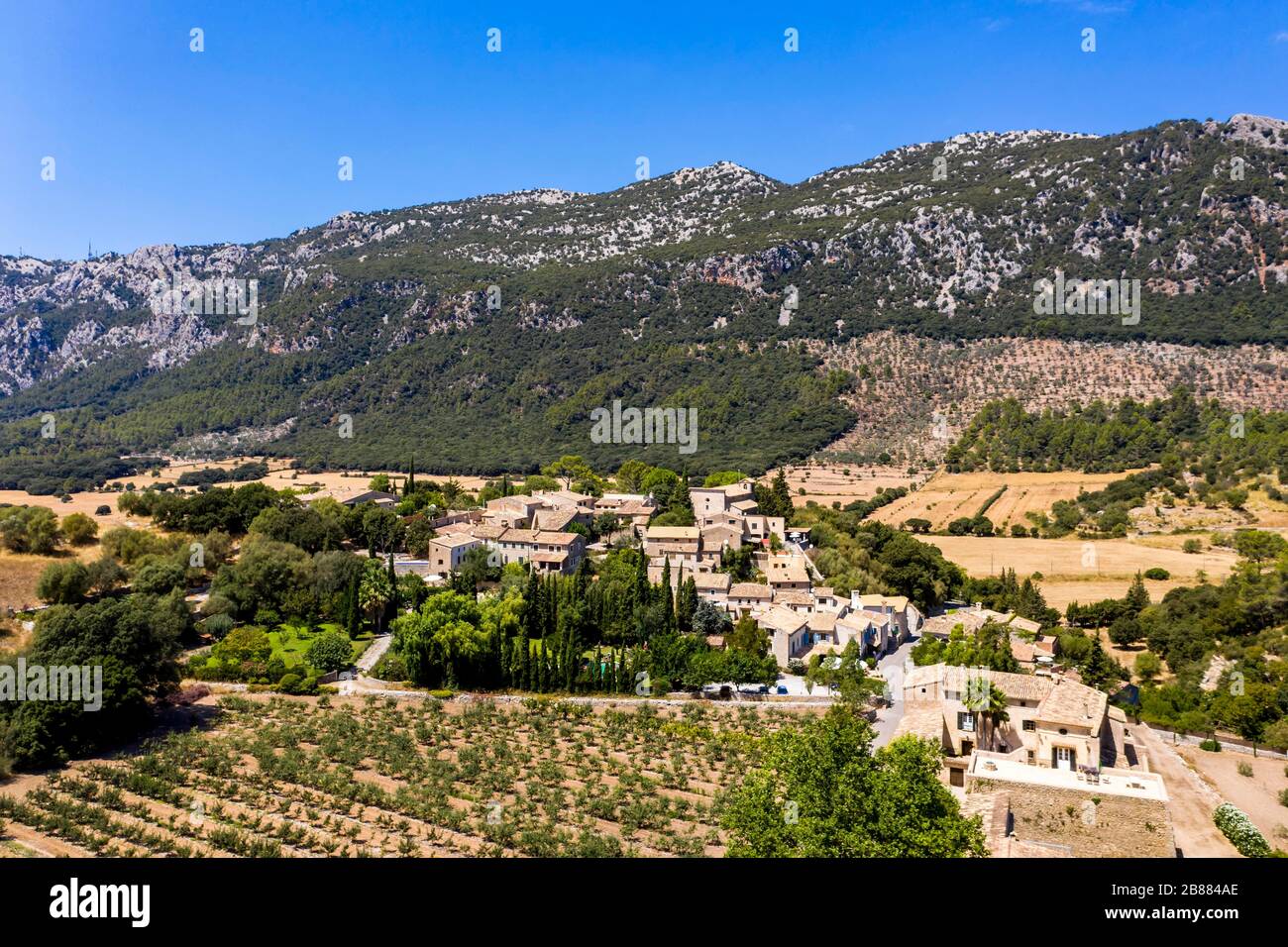 Aerial view of the Oriental Village, Urbanisation d'Alaro, Serra de Tramuntana, Majorca, Balearic Islands, Spain Stock Photo
