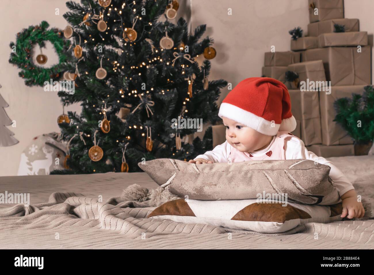 Christmas portrait of cute little baby girl photo Stock Photo