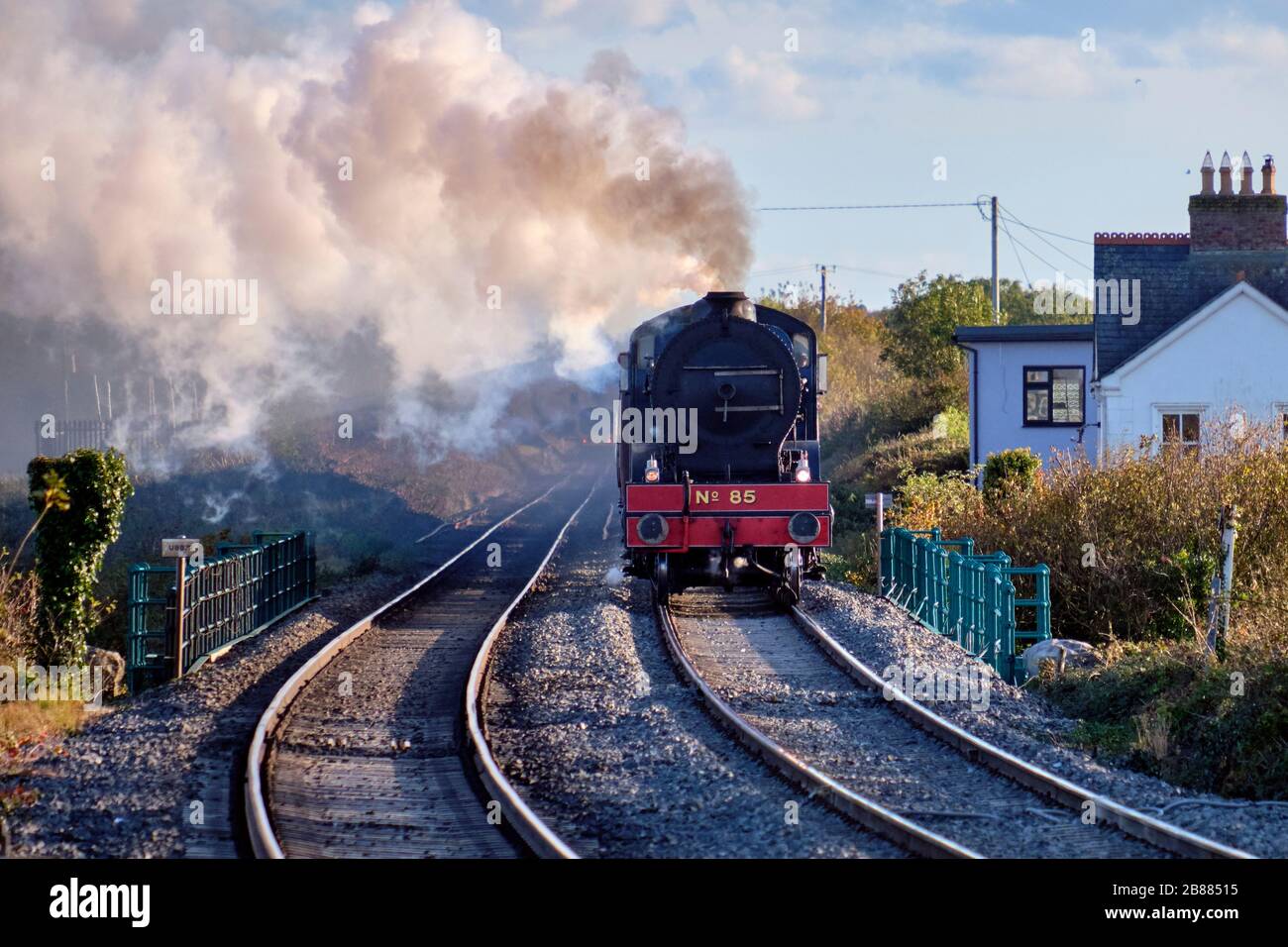 NO 85 Merlin Steam train front view as it rides up track in Ireland, passing a house close to tracks Stock Photo