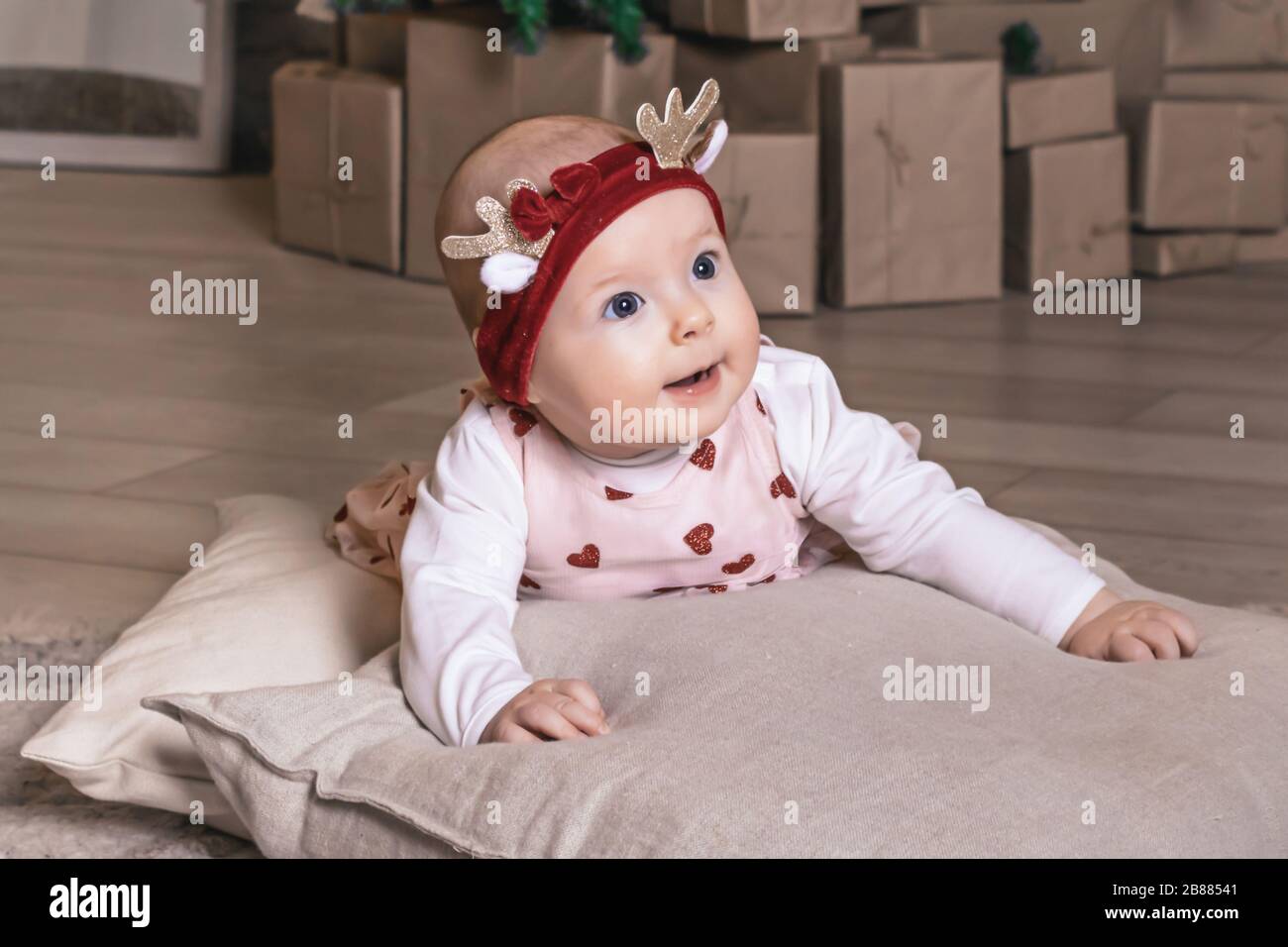 Christmas portrait of cute little baby girl photo Stock Photo