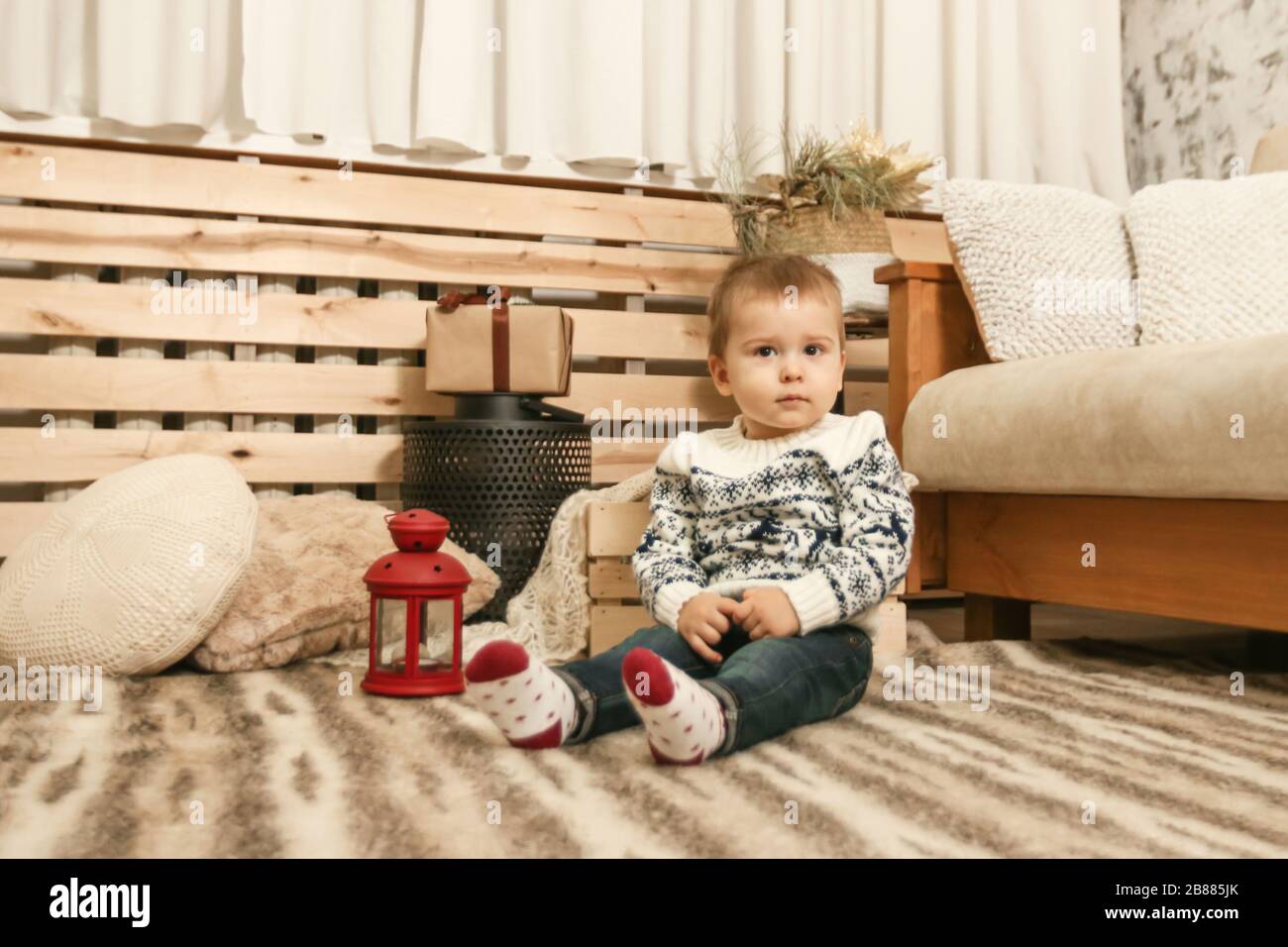 Christmas portrait of cute little baby boy photo Stock Photo