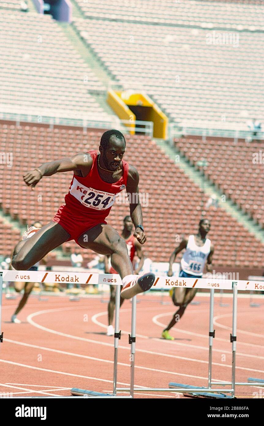 Edwin Moses competing at the 1984 US Olympic Track and Field Team Trials Stock Photo
