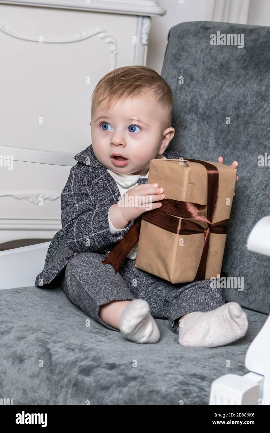 Christmas portrait of cute little baby boy photo Stock Photo