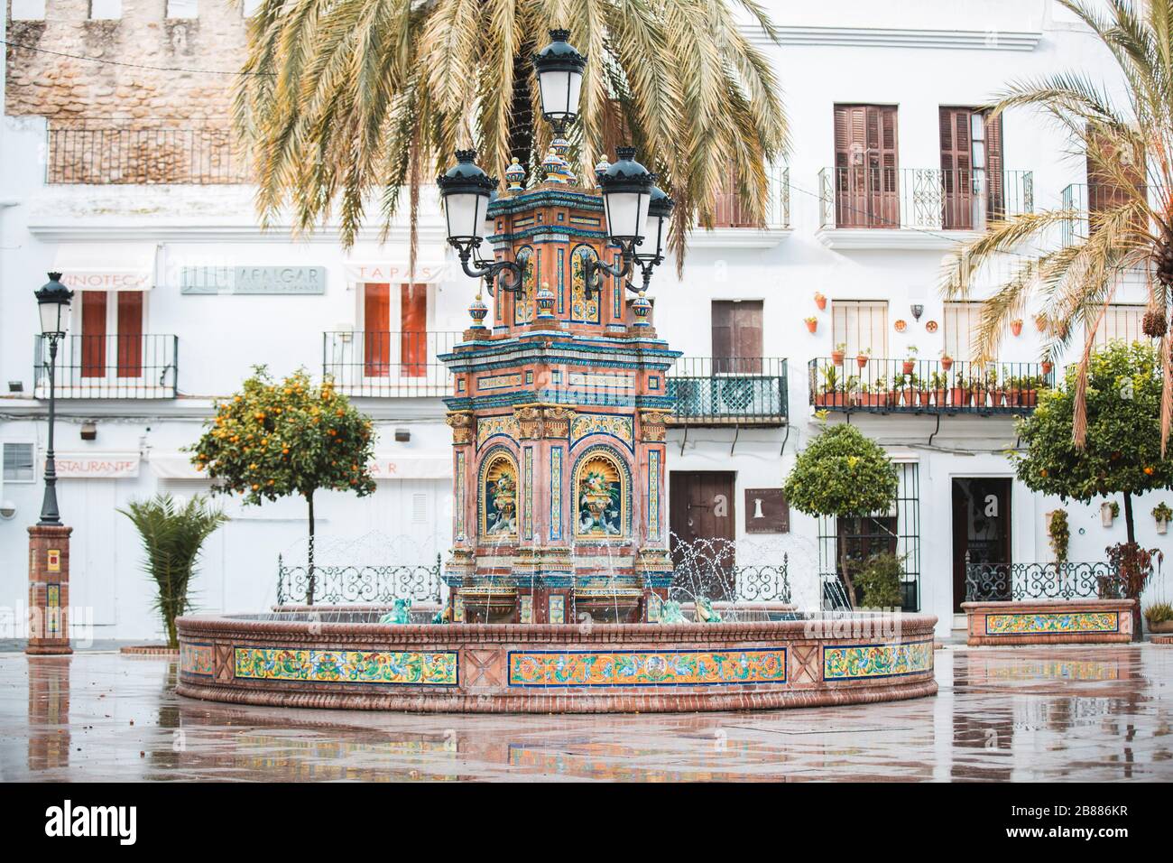 Tiled Fountain 'Fountain of the Little Fish' (Fuente de los Pescaditos), located at the Plaza de Espana Stock Photo