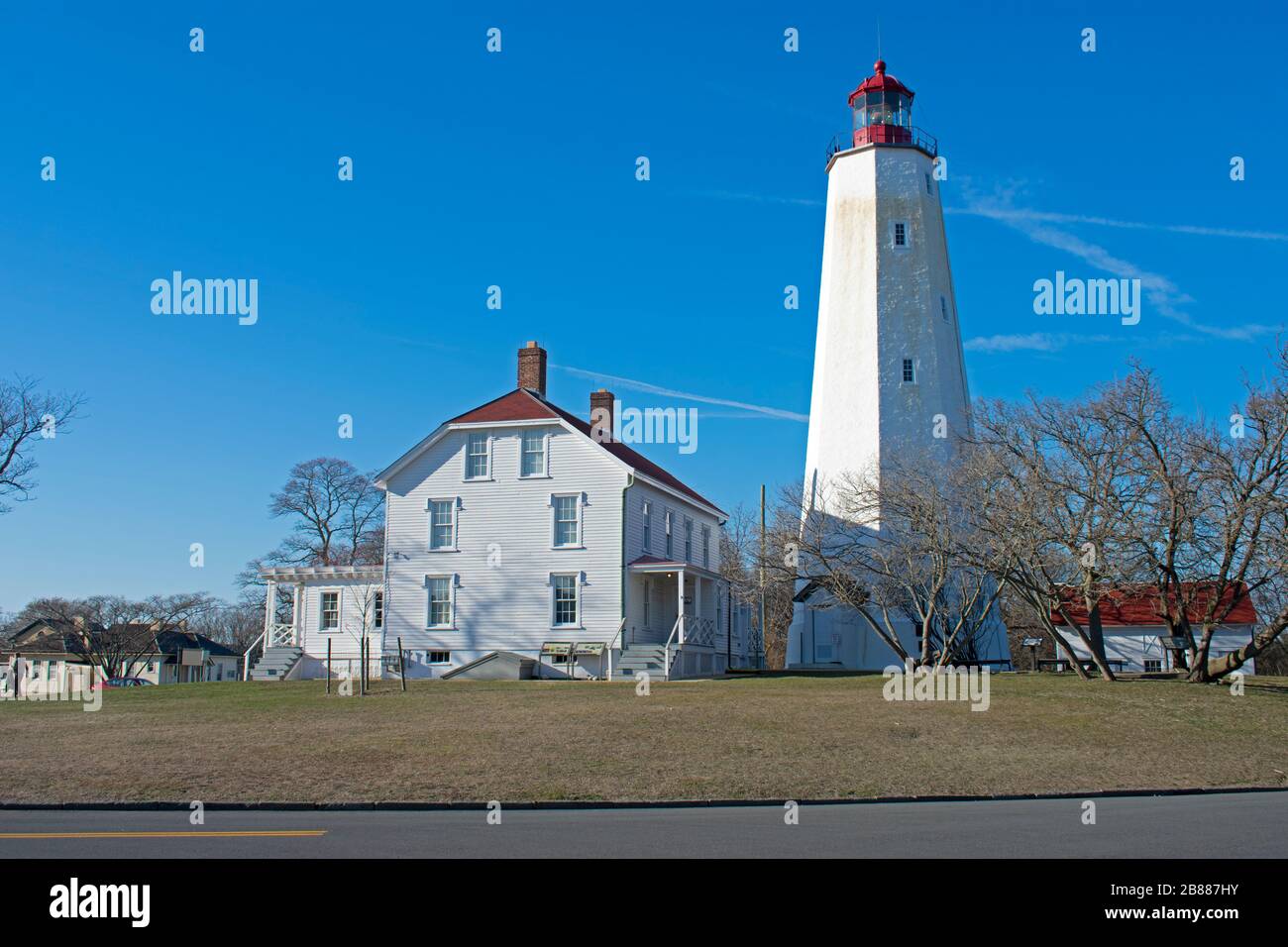 Lighthouse in Sandy Hook, New Jersey, during daylight hours, with the