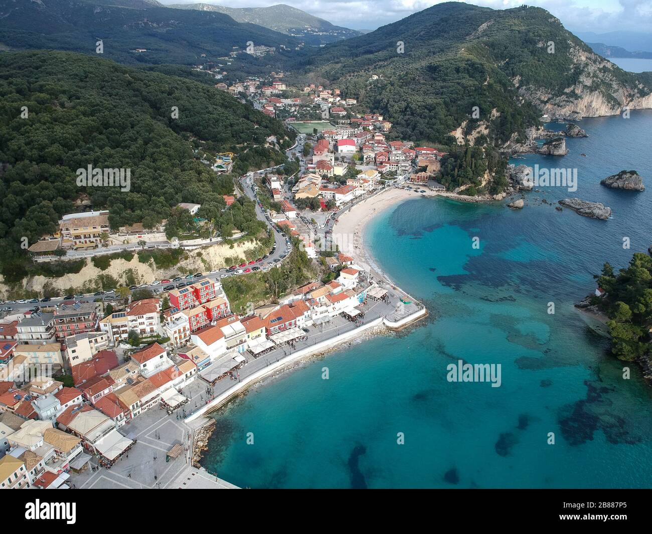 Parga Greece aerial view of the tropical and exotic historical turkish castle and parga town the famous tourist attractions Greece epirus preveza Stock Photo
