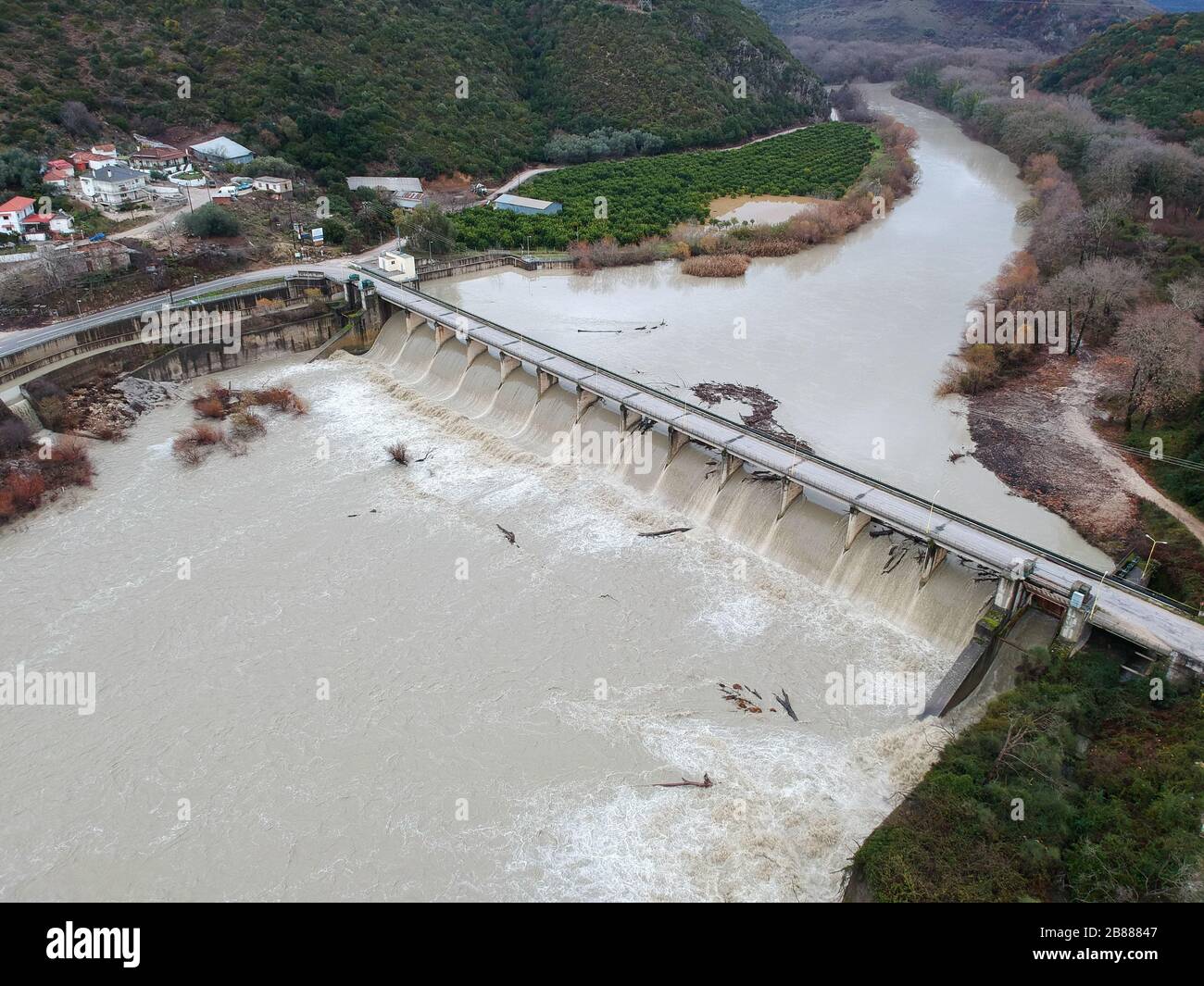Aerial view Igoumenitsa, river kalamas bridge and dam in the valley of ragio village near the archaeological site of gitani Stock Photo