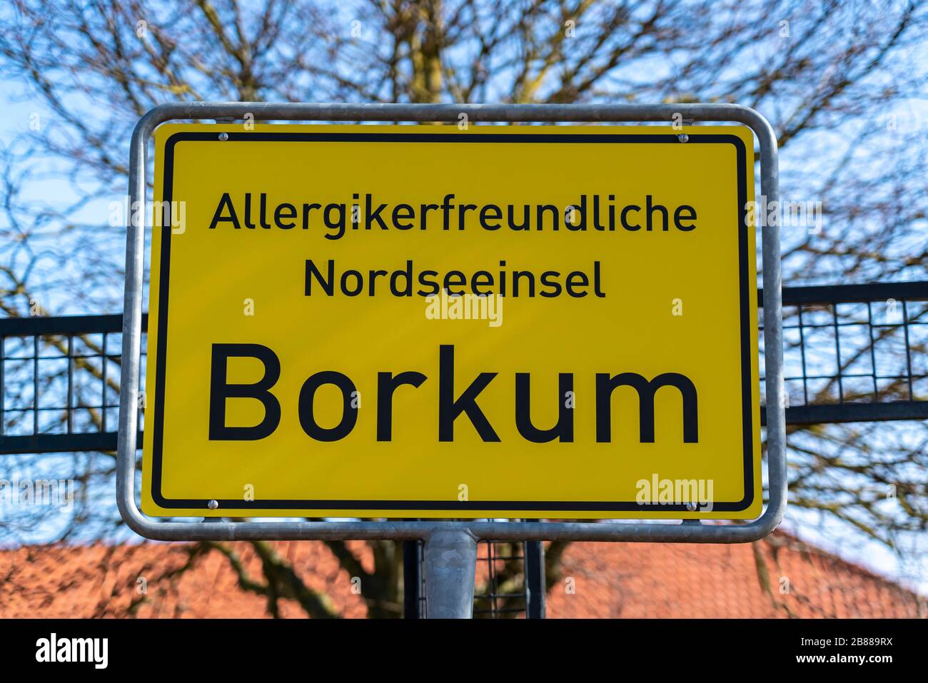 City limit sign, allergy friendly North Sea island, North Sea island Borkum, Lower Saxony, Germany, Stock Photo