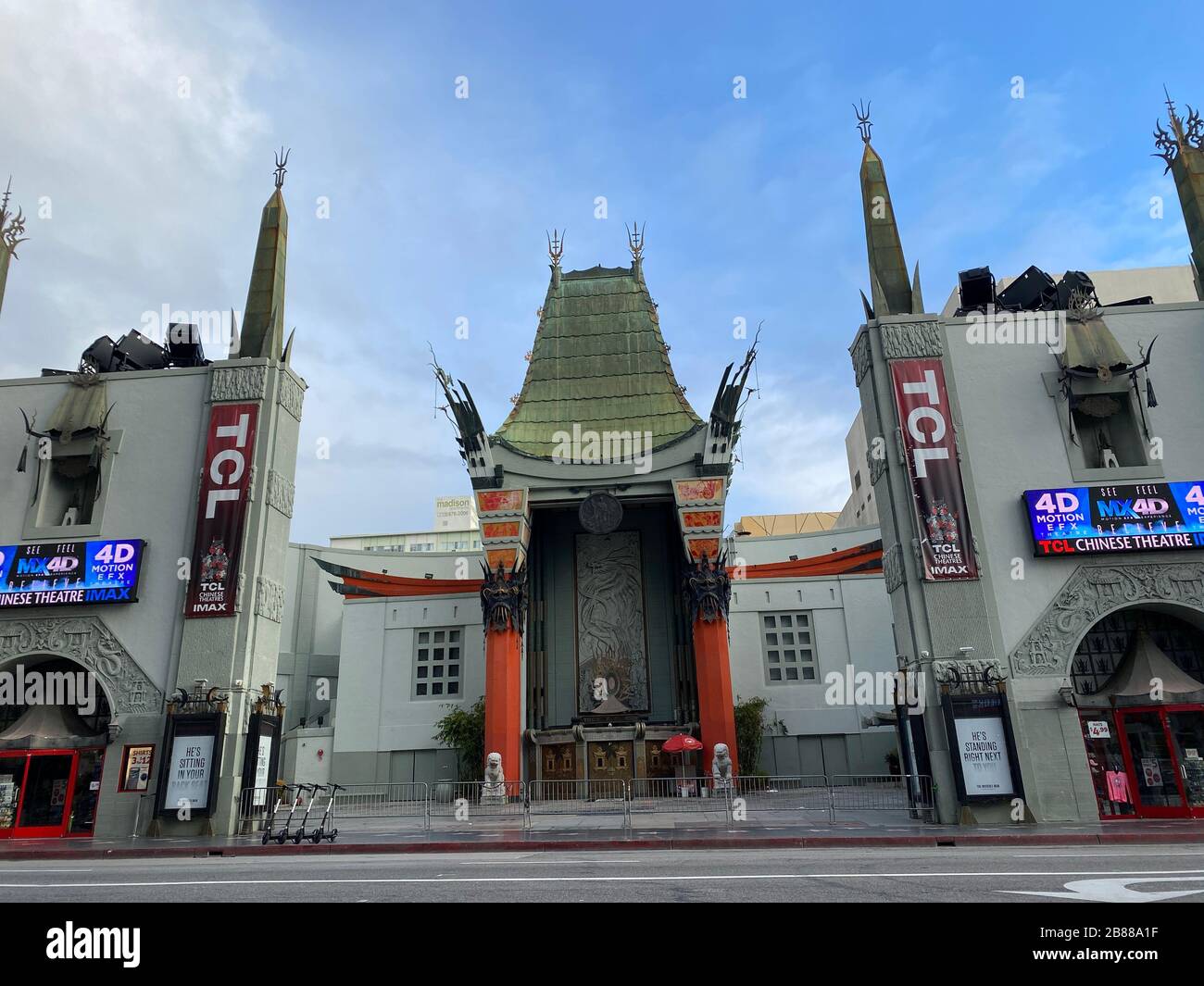 The world famous landmark in Hollywood Chinese Theater usually crowded with tourists completely empty due to corona virus outbreak. Stock Photo