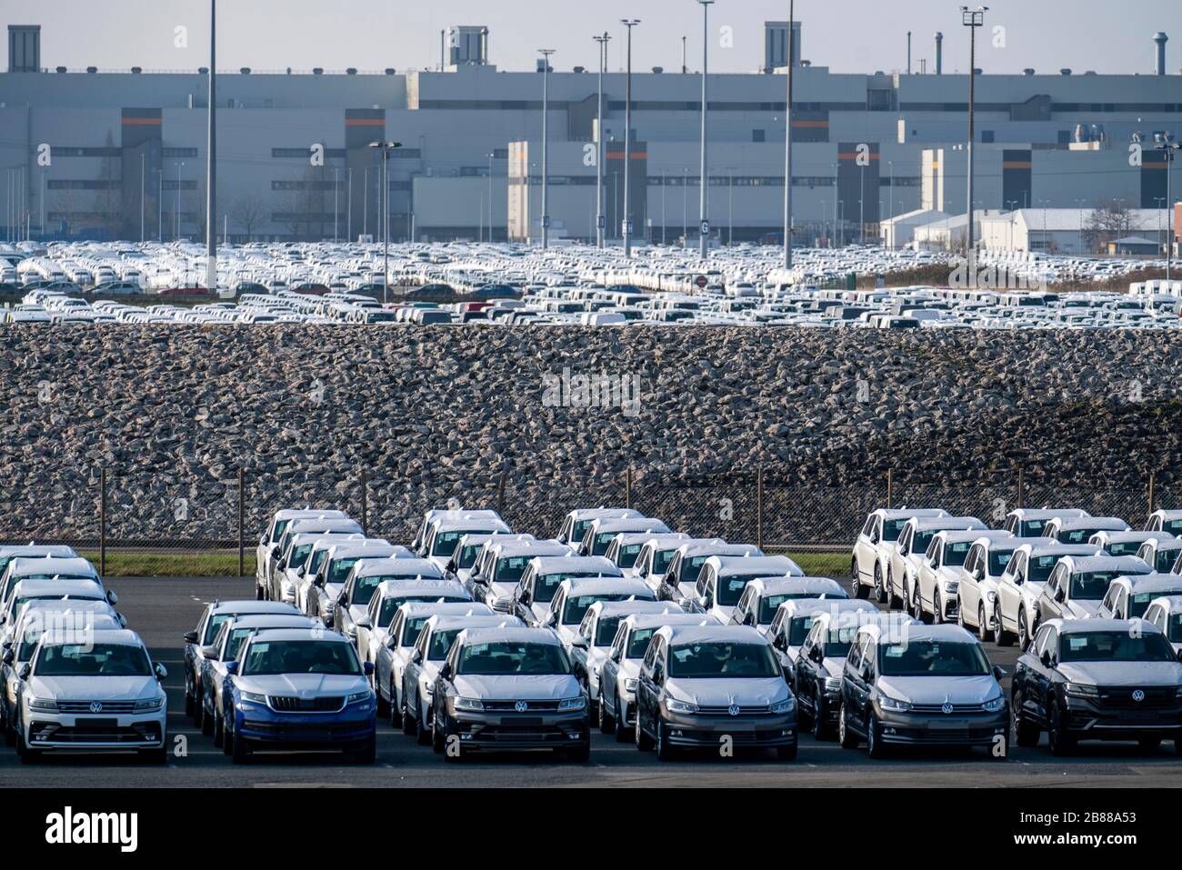 VW plant, Emden, new cars, waiting to be shipped, Lower Saxony, Germany, Stock Photo