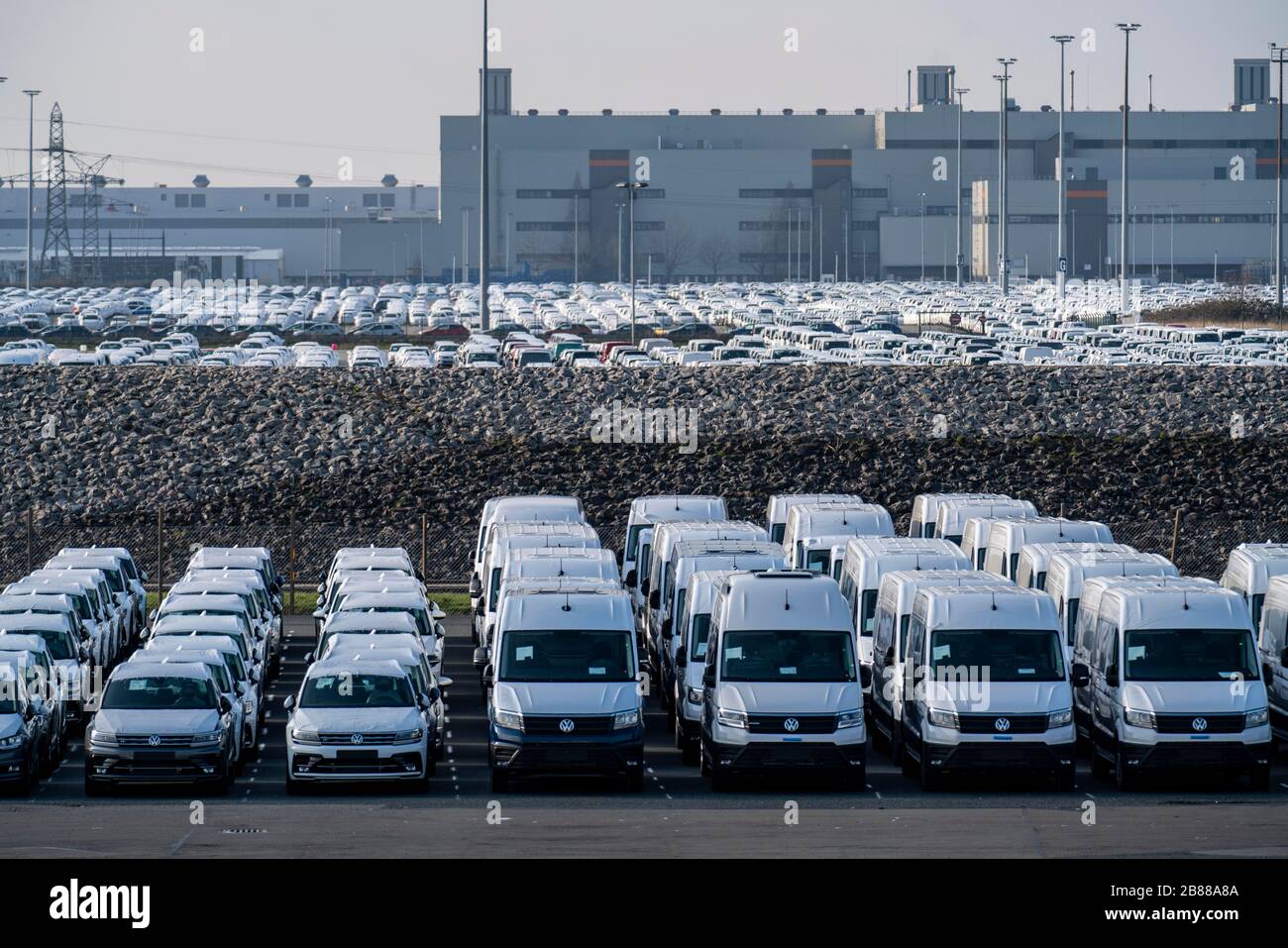 VW plant, Emden, new cars, waiting to be shipped, Lower Saxony, Germany, Stock Photo