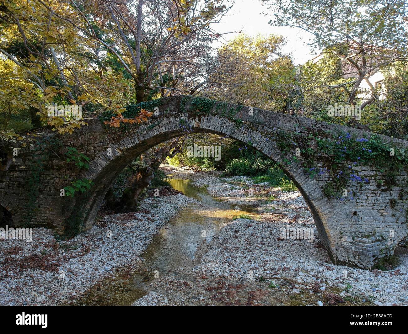 traditional stone bridge and forest of kalamas river ioannina greek village brosina in zitsa Greece Epirus Stock Photo