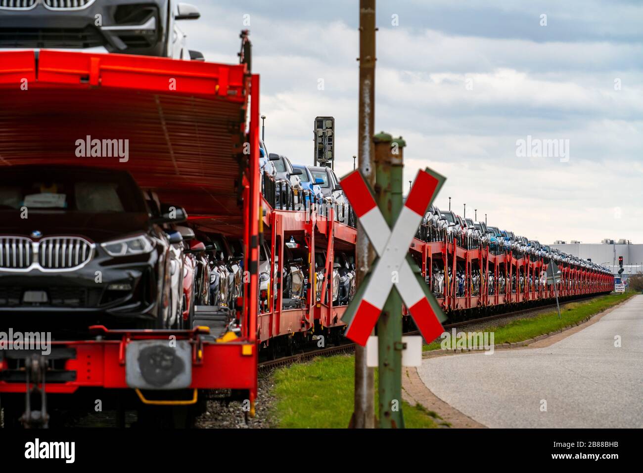 BMW new cars, on freight cars, in the port of Cuxhaven, are shipped from here to Great Britain and Scandinavia, Cuxhaven, Lower Saxony, Germany, Stock Photo