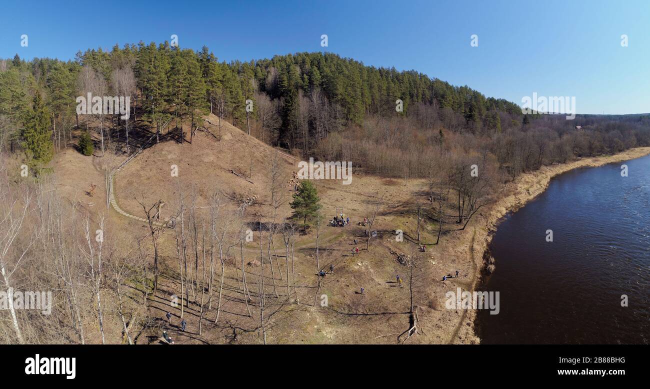 Šilėnai cognitive path and The Hill Fort of Naujoji Rėva panoramic image in the spring time Stock Photo