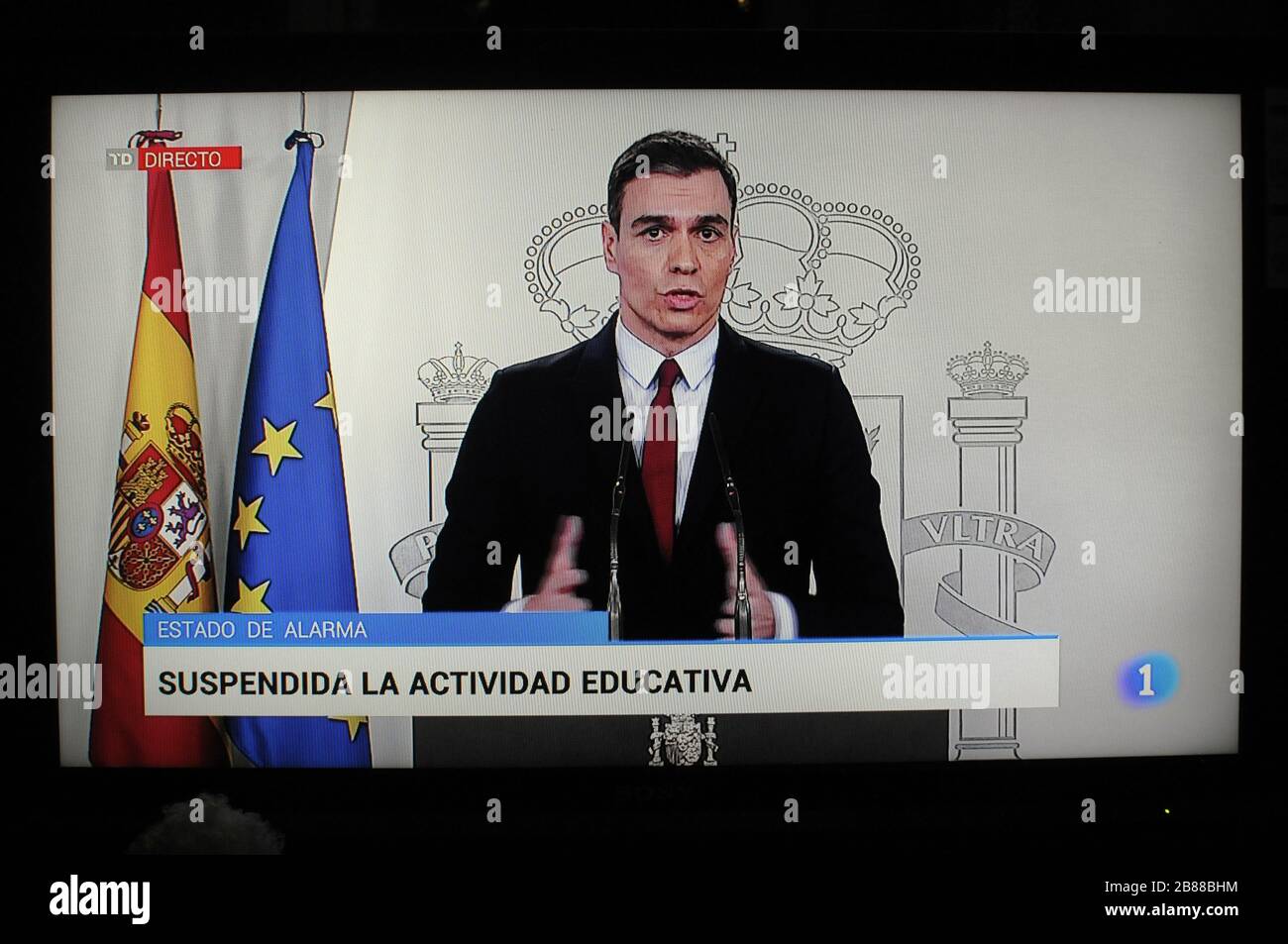 The President of the Spanish state, Pedro Sanchez transmits to citizens by television the state of the alarm in Spain due to the risk of infection of Stock Photo