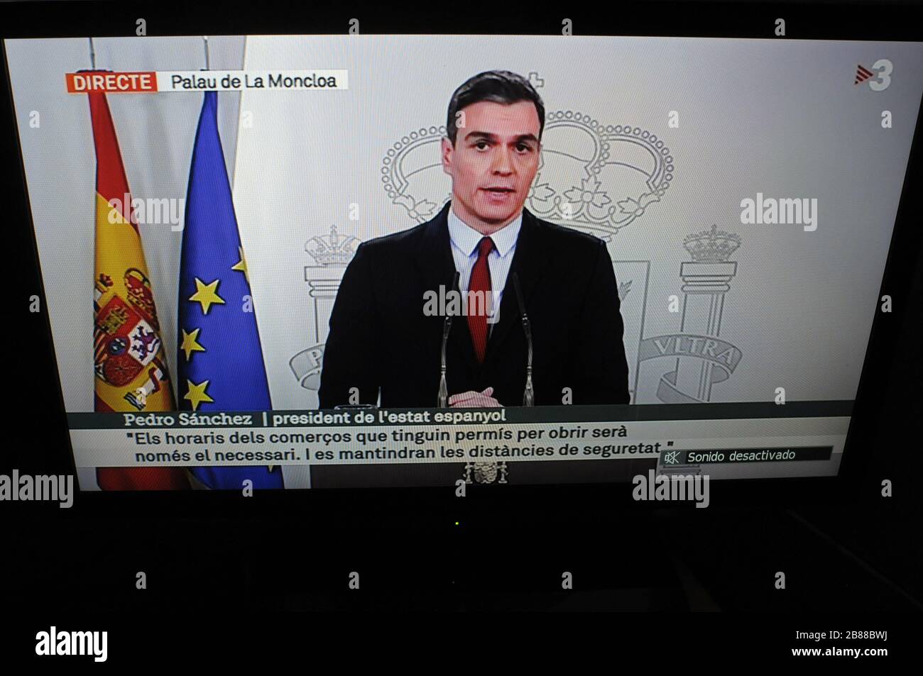 The President of the Spanish state, Pedro Sanchez transmits to citizens by television the state of the alarm in Spain due to the risk of infection of Stock Photo