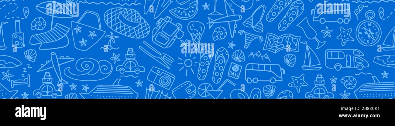 Seamless pattern with summer travel hand drawn icons on blue background. Vacation banner. Vector illustration. Stock Vector