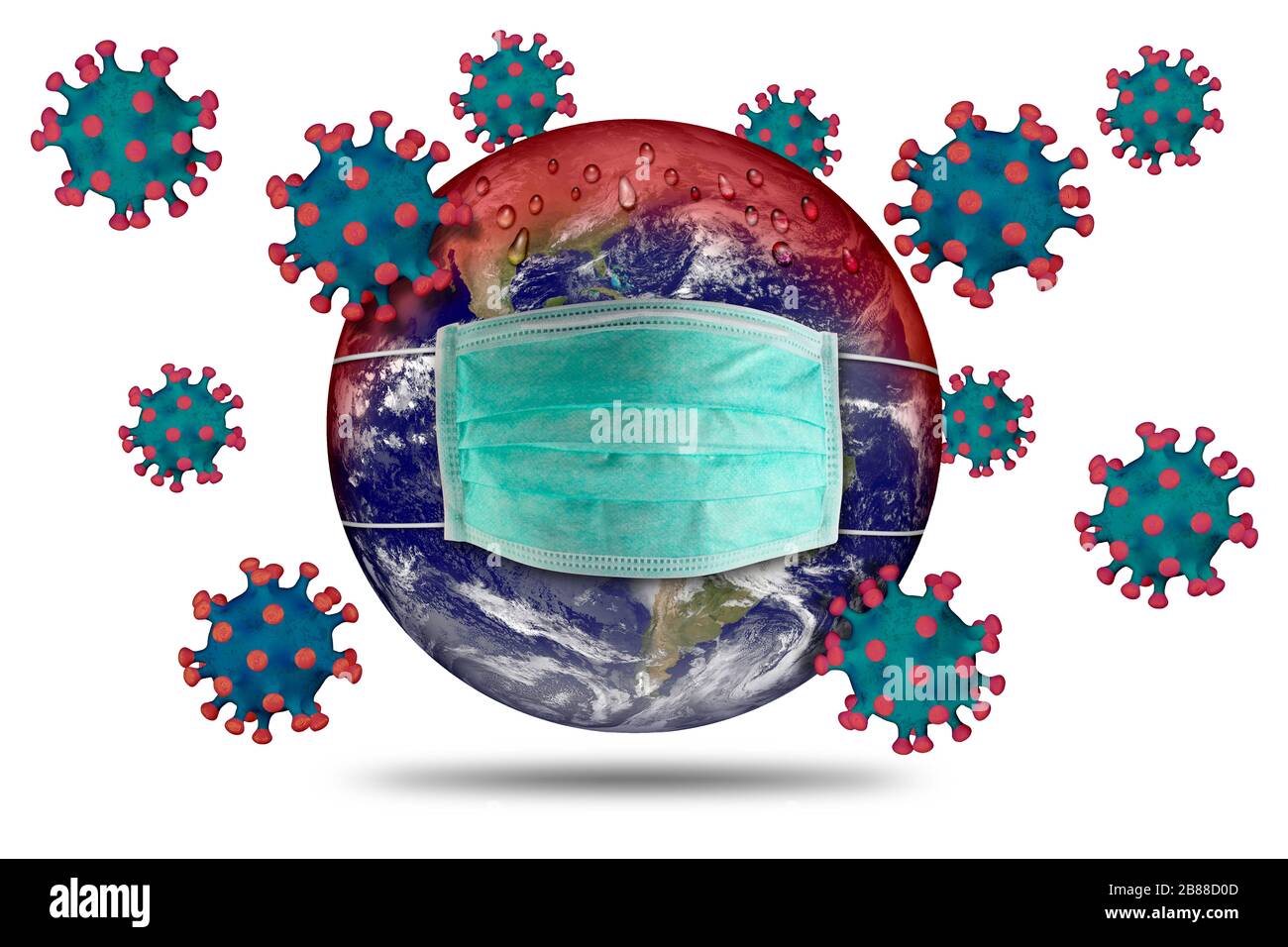 Coronavirus earth world globe with respirator breathing face dust mask. Corna virus global outbreak pandemic epidemic medical prevention concept.Eleme Stock Photo