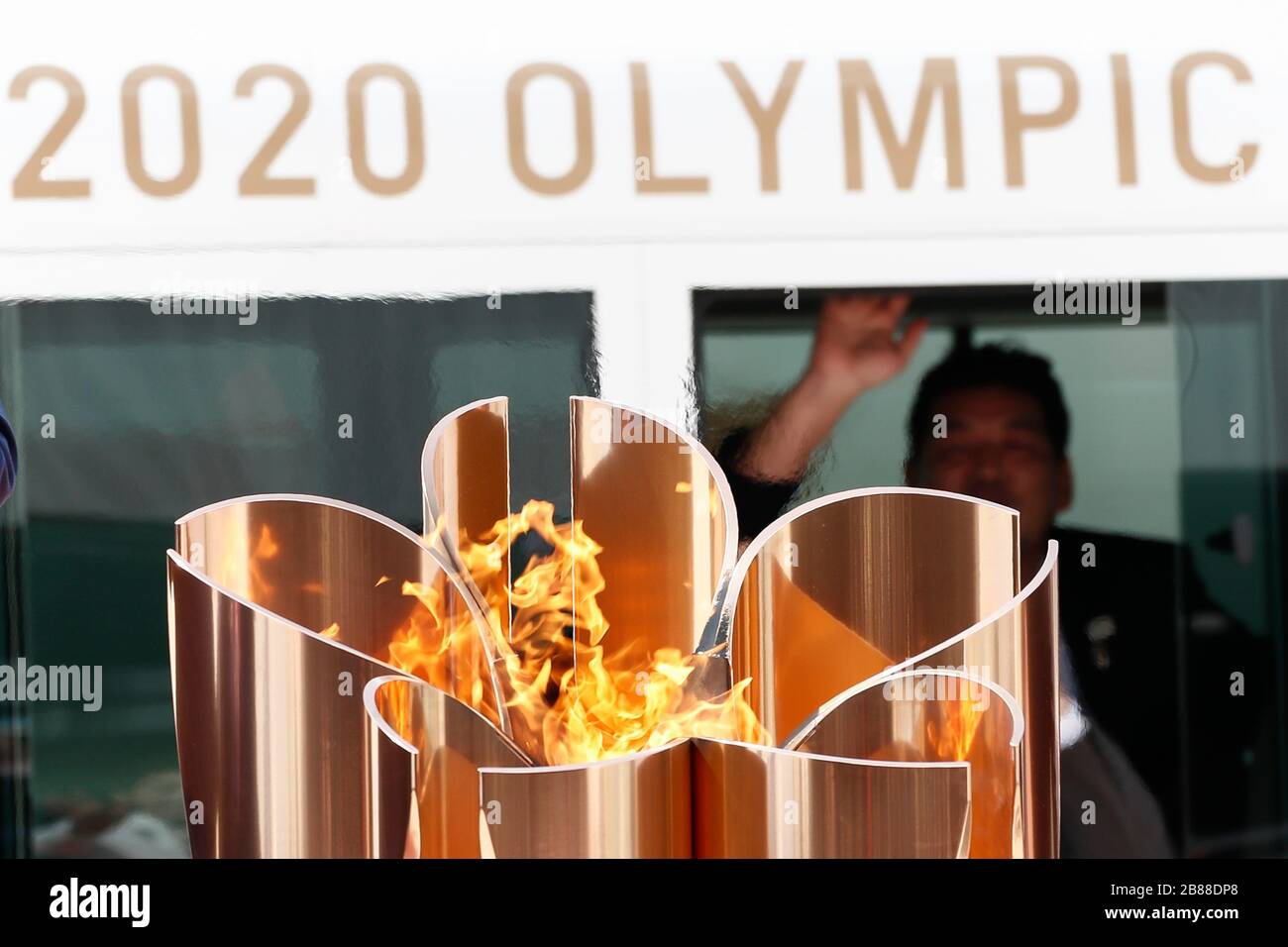 March 20, 2020, Matsushima, Japan: The Olympic Flame is seen during the Olympic Flame Arrival Ceremony at Japan Air Self-Defense Force (JASDF) Matsushima Base in Miyagi Prefecture. Members of the Tokyo Organising Committee of the Olympic and Paralympic Games (Tokyo 2020) received the Olympic Flame after the Tokyo 2020 Olympic Torch Relay Special Transport Aircraft returning from Greece with the Olympic Games symbol. (Credit Image: © Rodrigo Reyes Marin/ZUMA Wire) Stock Photo