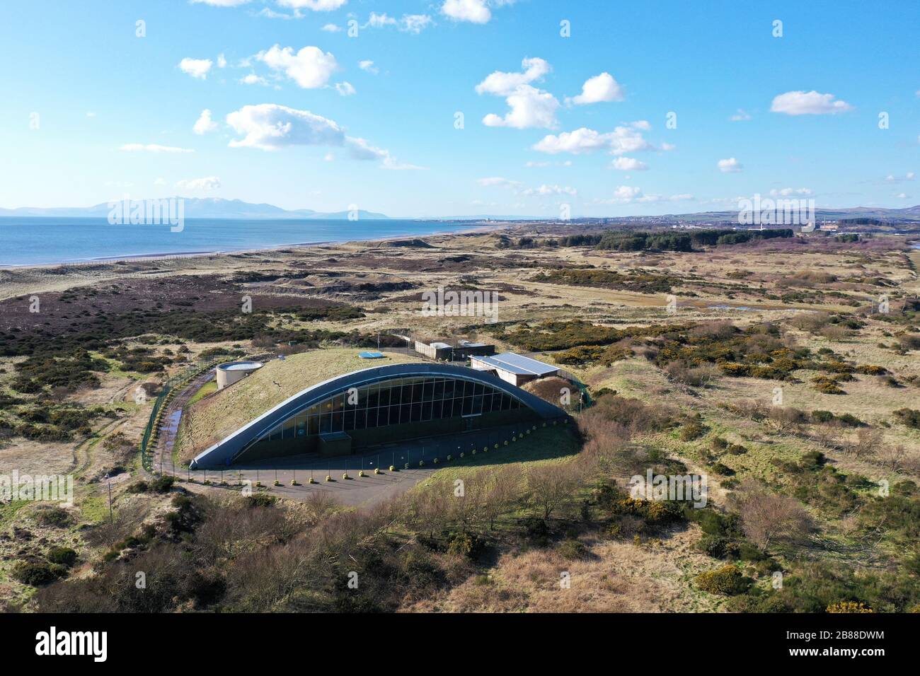 Aerial drone view of Abandoned Big Idea visitor attraction Irvine Stock Photo