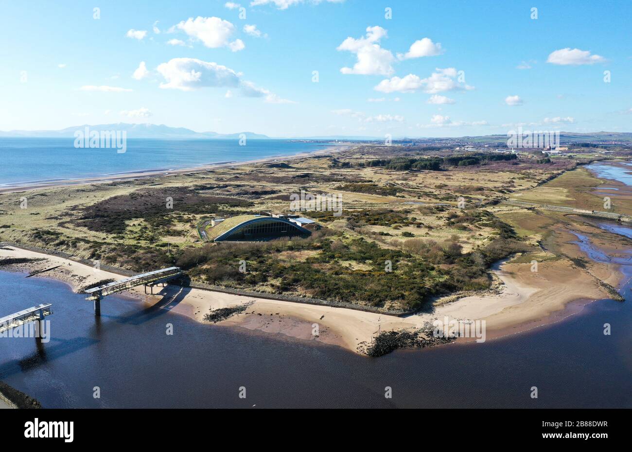Aerial drone view of Abandoned Big Idea visitor attraction Irvine Stock Photo