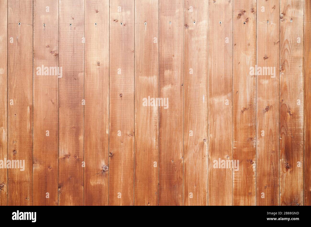 Natural new wooden wall made of toned pine wood planks. Flat background photo texture, frontal view Stock Photo