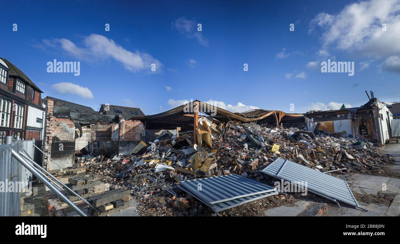 The remains of Northwich market which, which reported on Friday, January 3rd 2020 at 3am, was destroyed by fire. Stock Photo