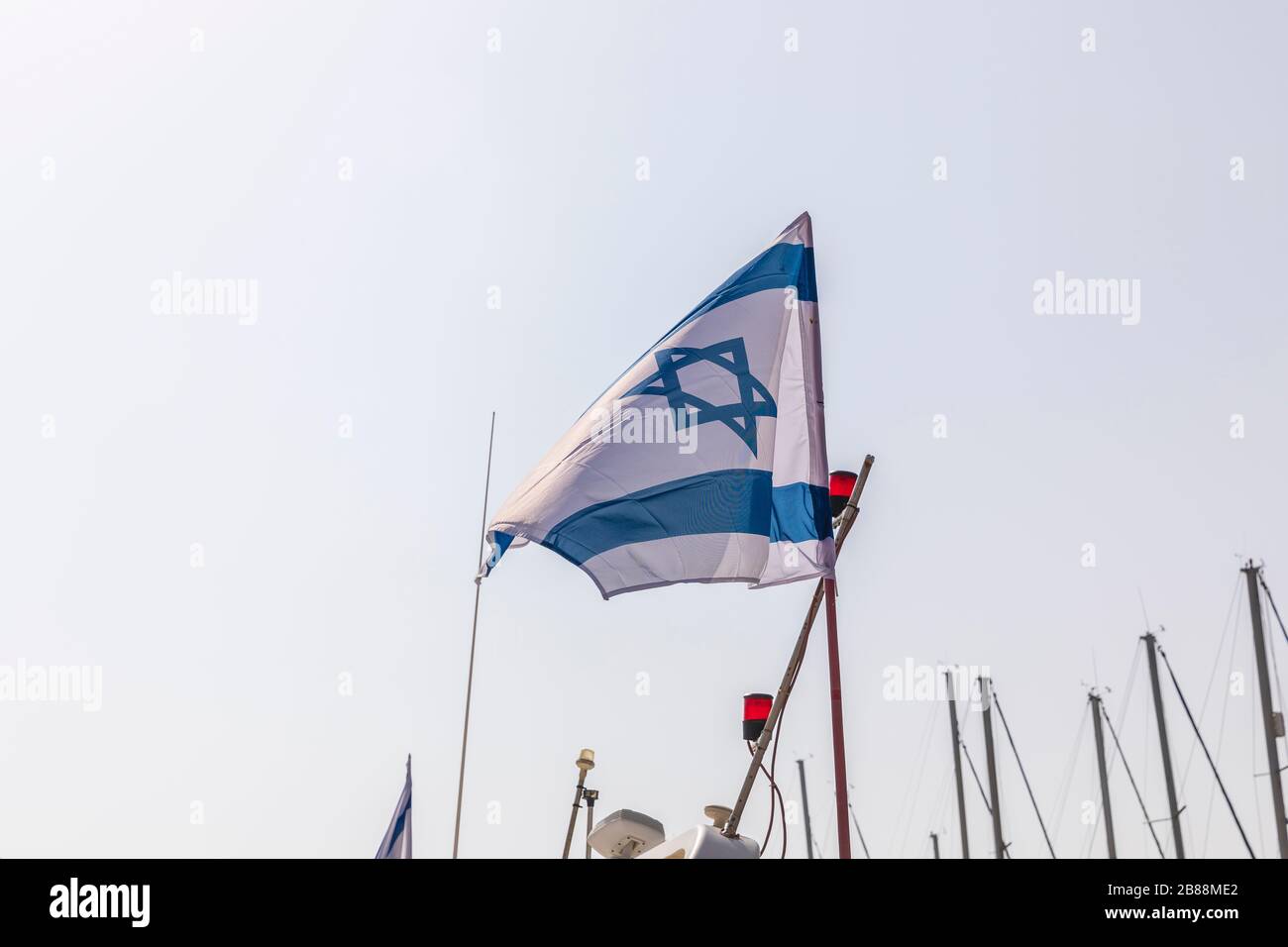 Israeli flag on a yacht stock in a marina Stock Photo
