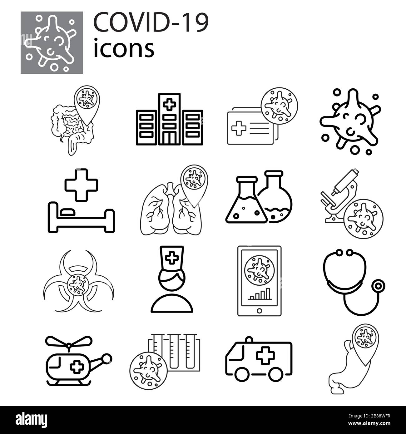 Set coronavirus, COVID-19, 2019-ncov icon, symbol, sign, logo line, linear black on white background. Virus, bacteria, ambulance, microscope, stethosc Stock Vector