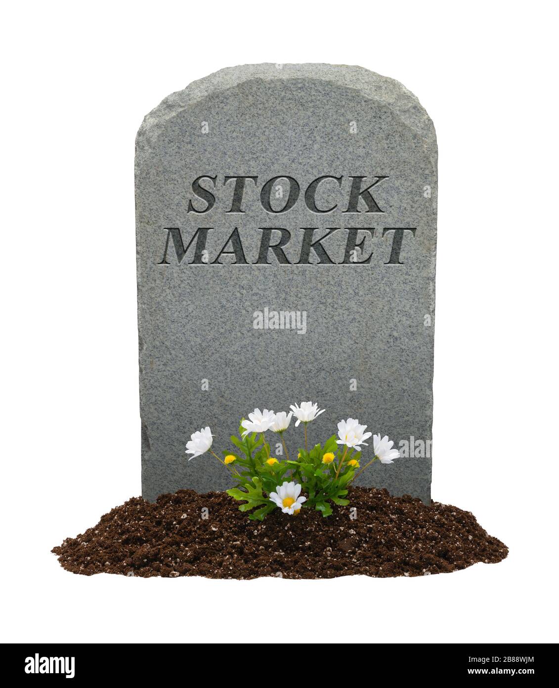 Stock Market Headstone and Flowers Isolated on White Background. Stock Photo