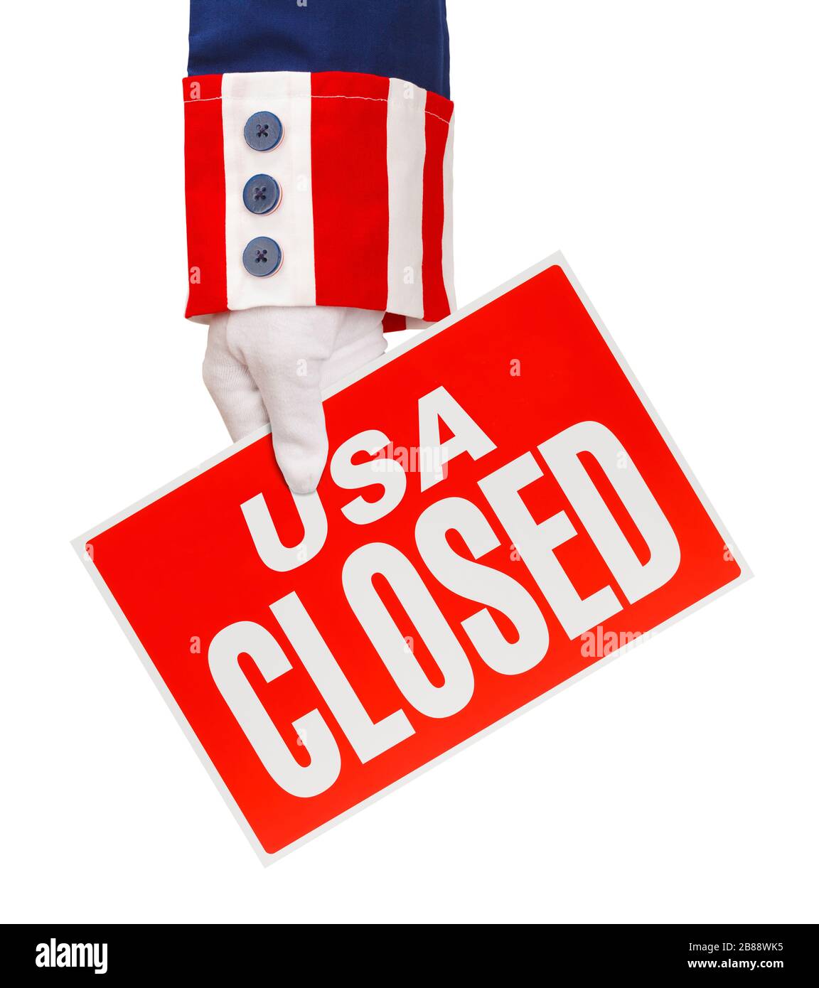 President Holding USA Closed Sign Isolated on White. Stock Photo
