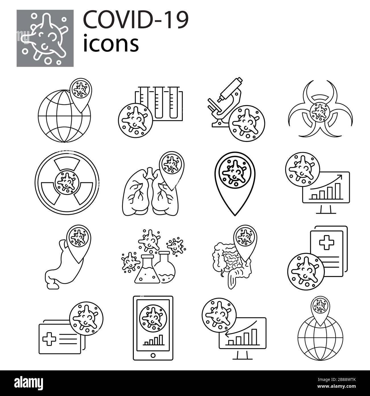 Set coronavirus, COVID-19, 2019-ncov icon, symbol, sign, logo line, linear black on white background. Virus, bacteria, map pointer, microscope, analys Stock Vector
