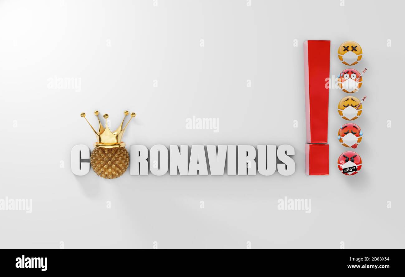 3D render – Coronavirus text and group of emoji face with coronavirus symptoms. Golden crown is placed on covid virus cell. Spreading Covid19 through Stock Photo