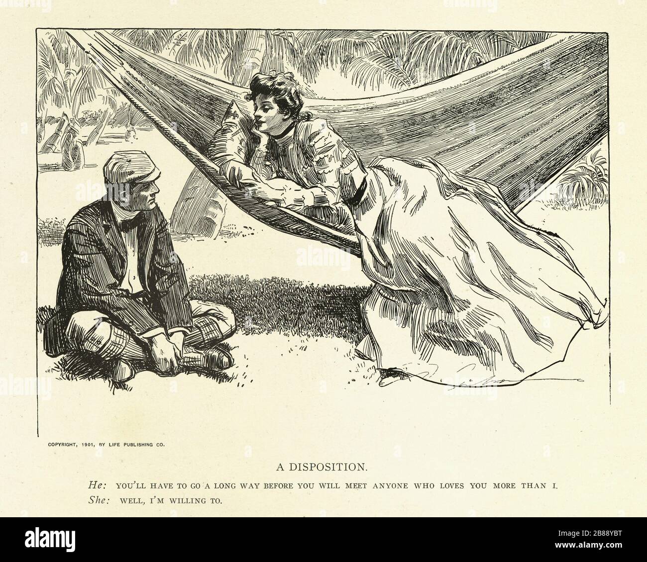 Young man and woman flirting, in a hammock, Edwardian romance. A Widow And Her Friends, Charles Dana Gibson. A disposition. He: You'll have to go a long way before you will meet anyone who loves you more than I.  She. Well, I 'm willing to Stock Photo